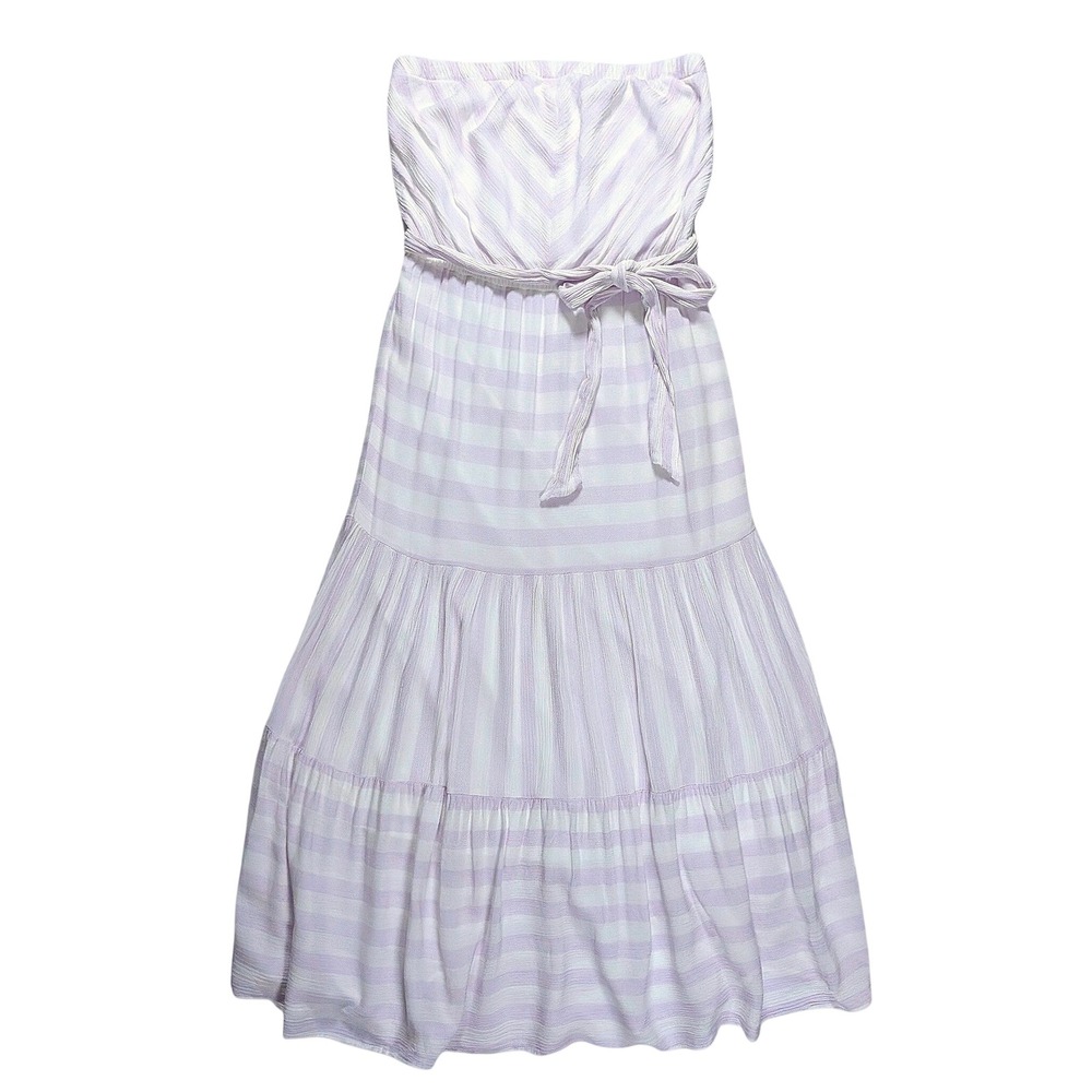 Versona Lavender White Striped Strapless Tiered Maxi Dress Tie Waist Size S